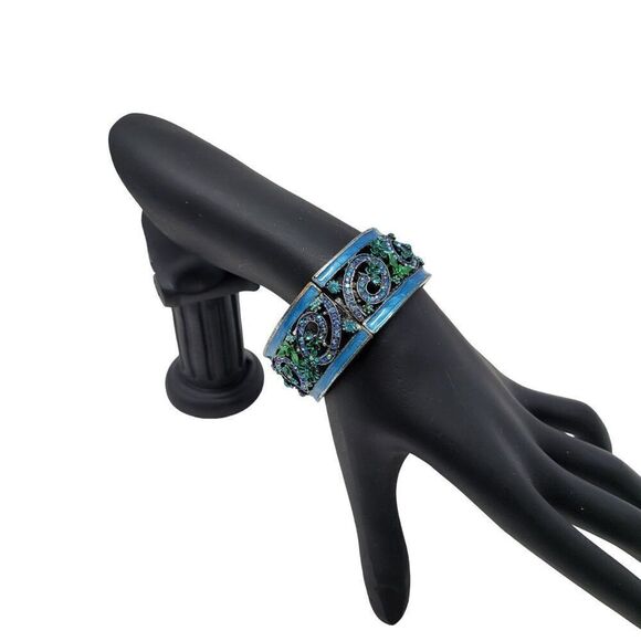 Blue Enamel Rhinestone Filagree Clamper Bangle Bracelet Flower Sparkle Glam 6.5" - Picture 6 of 9